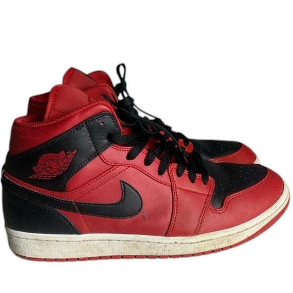 Nike Air Jordan 1 Mid Sneakers Mens Black Red Reverse Bred Basketball Shoes 10.5 - Picture 1 of 13